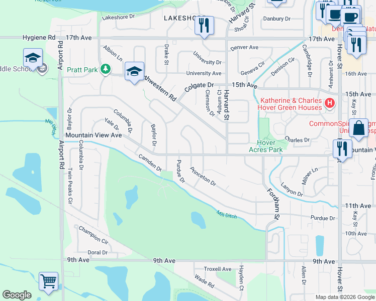 map of restaurants, bars, coffee shops, grocery stores, and more near 41 Princeton Circle in Longmont