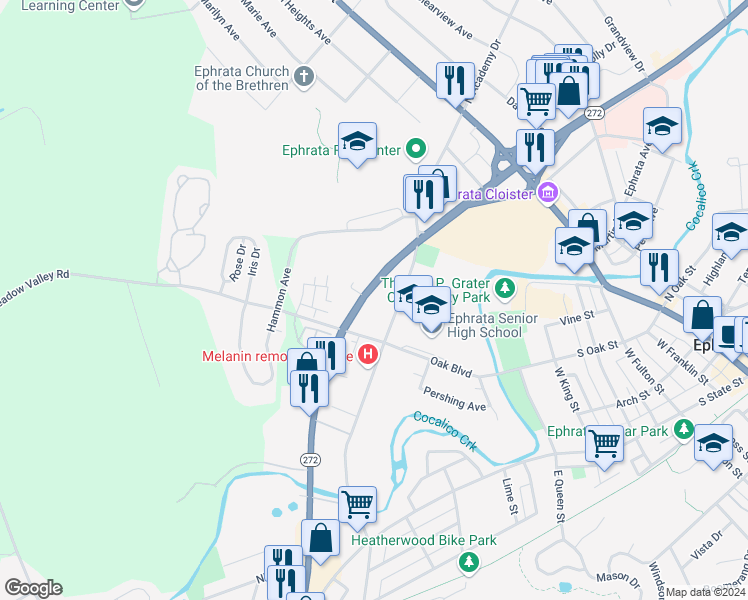 map of restaurants, bars, coffee shops, grocery stores, and more near 221 South Reading Road in Ephrata