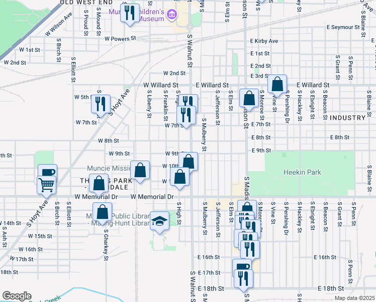 map of restaurants, bars, coffee shops, grocery stores, and more near 100-114 East 8th Street in Muncie