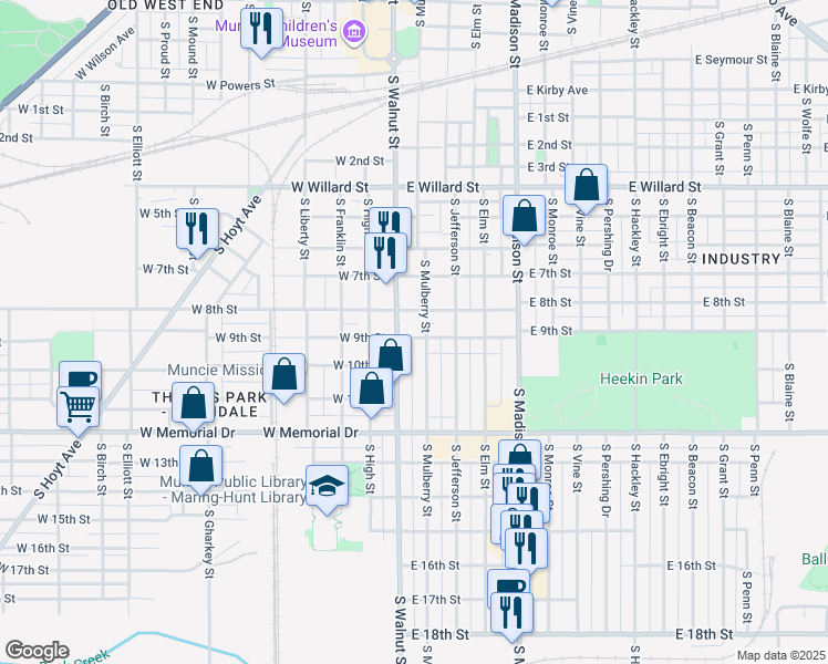 map of restaurants, bars, coffee shops, grocery stores, and more near 100-114 East 8th Street in Muncie