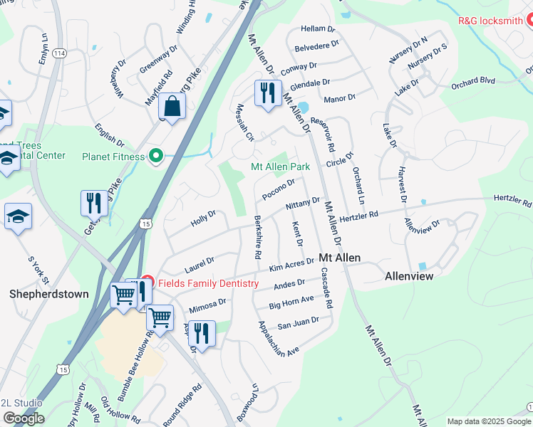 map of restaurants, bars, coffee shops, grocery stores, and more near 18 Nittany Drive in Mechanicsburg
