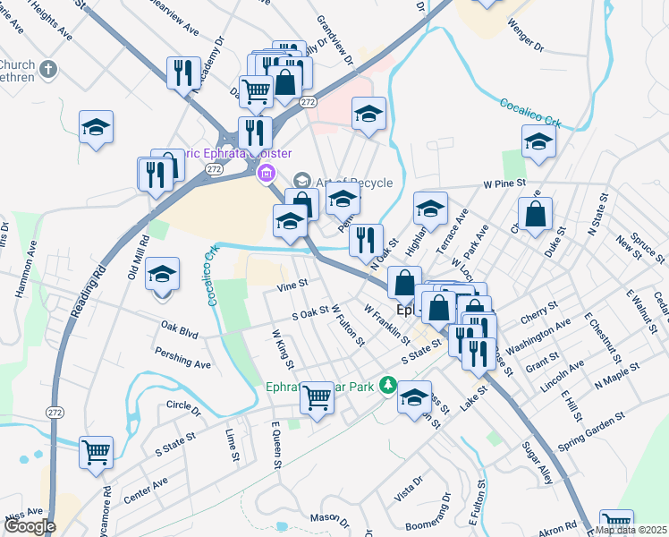 map of restaurants, bars, coffee shops, grocery stores, and more near 363 West Main Street in Ephrata