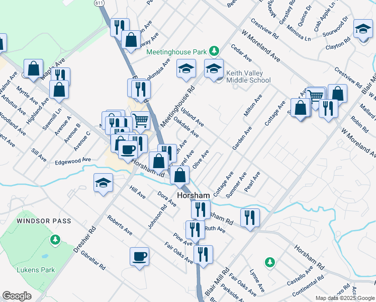 map of restaurants, bars, coffee shops, grocery stores, and more near 311 Birch Avenue in Horsham