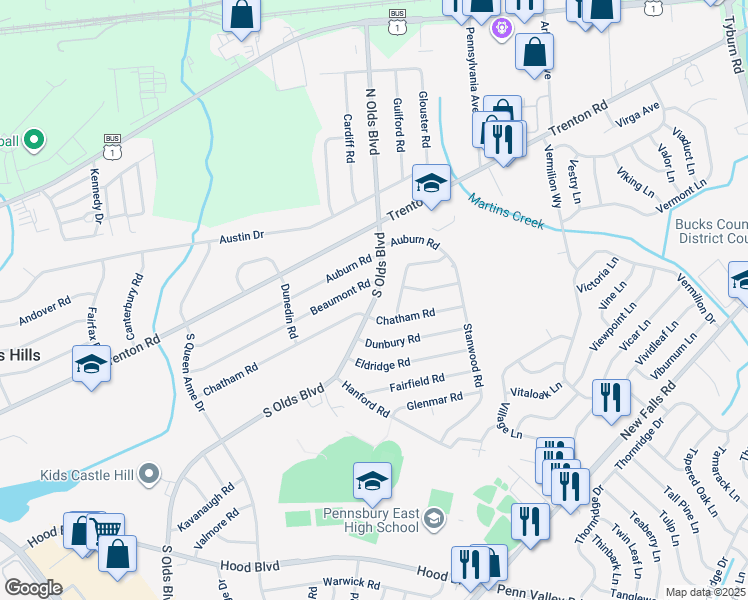 map of restaurants, bars, coffee shops, grocery stores, and more near 727 South Olds Boulevard in Fairless Hills