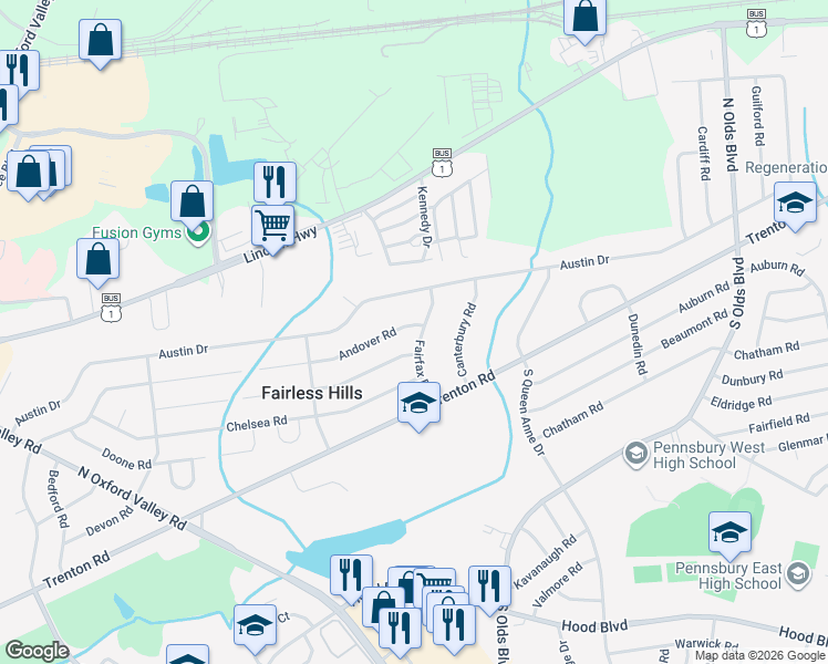map of restaurants, bars, coffee shops, grocery stores, and more near 437 Andover Road in Fairless Hills