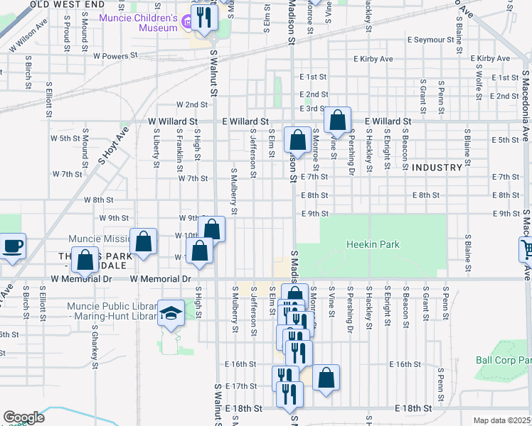 map of restaurants, bars, coffee shops, grocery stores, and more near 318 East 9th Street in Muncie
