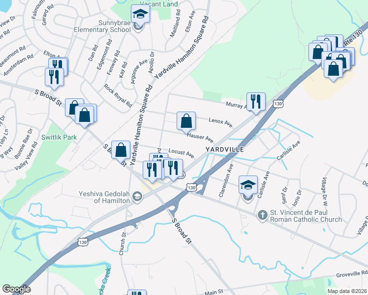 map of restaurants, bars, coffee shops, grocery stores, and more near 60 Locust Avenue in Trenton