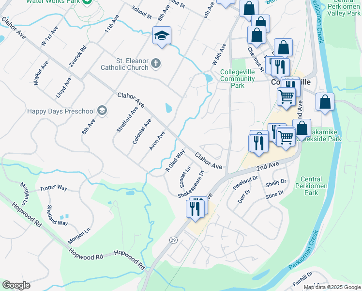 map of restaurants, bars, coffee shops, grocery stores, and more near 305 R Glad Way in Collegeville