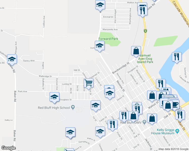 map of restaurants, bars, coffee shops, grocery stores, and more near 1498 Lincoln Street in Red Bluff