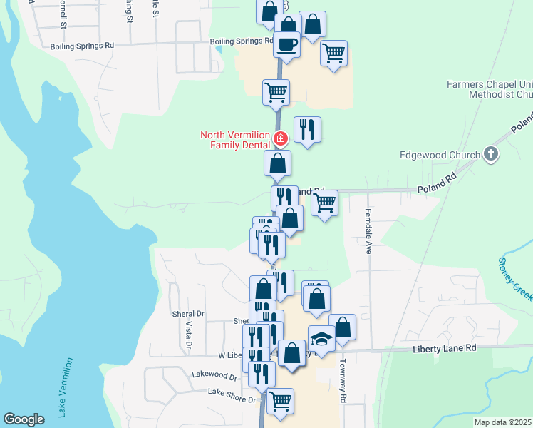 map of restaurants, bars, coffee shops, grocery stores, and more near 3410 North Vermilion Street in Danville