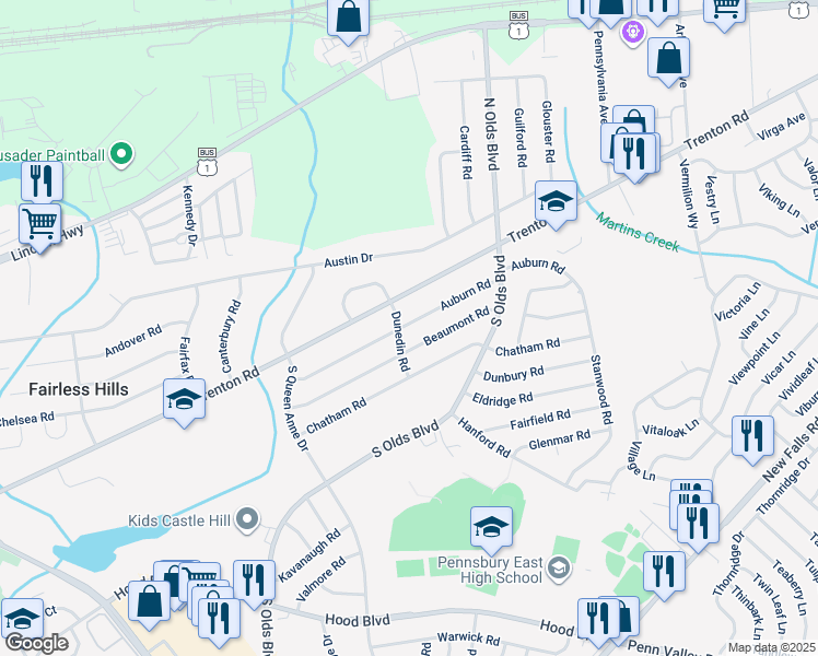 map of restaurants, bars, coffee shops, grocery stores, and more near 710 Auburn Road in Fairless Hills
