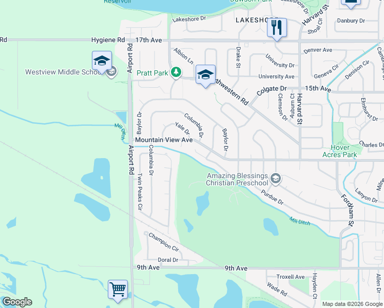 map of restaurants, bars, coffee shops, grocery stores, and more near 3611 Mountain View Avenue in Longmont