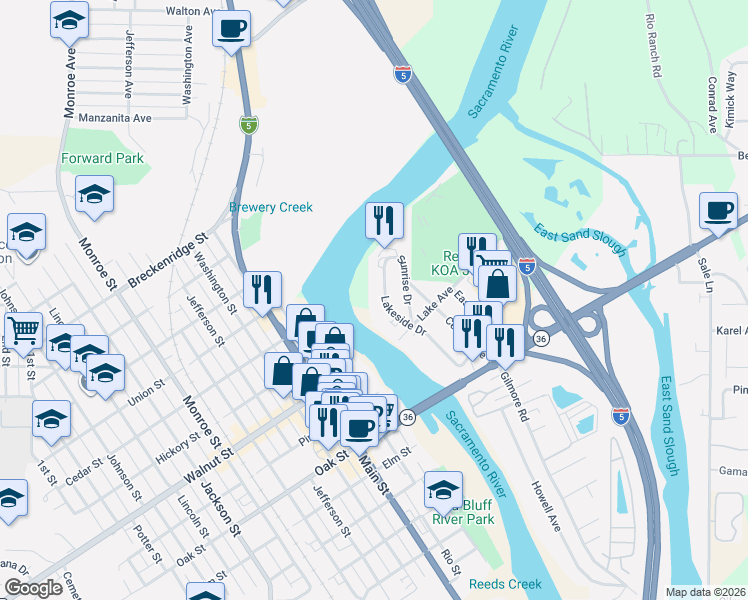 map of restaurants, bars, coffee shops, grocery stores, and more near 1045 Lakeside Drive in Red Bluff