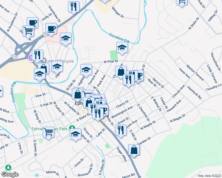 map of restaurants, bars, coffee shops, grocery stores, and more near 169 Church Avenue in Ephrata