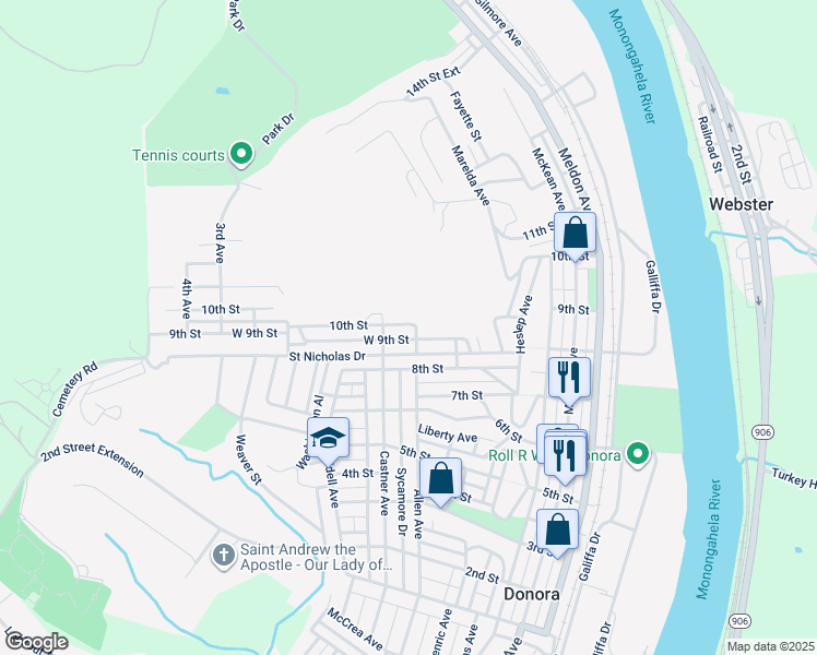 map of restaurants, bars, coffee shops, grocery stores, and more near 510 10th Street in Donora
