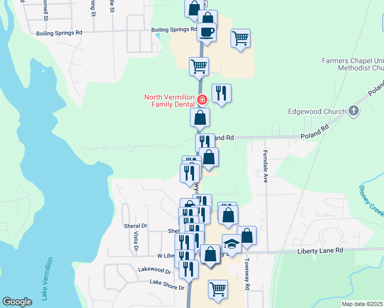 map of restaurants, bars, coffee shops, grocery stores, and more near 3410-3612 North Vermilion Street in Danville
