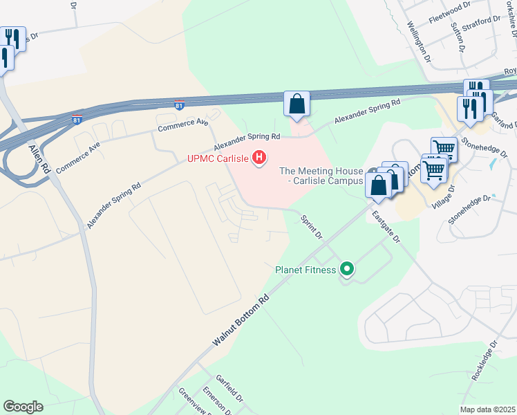 map of restaurants, bars, coffee shops, grocery stores, and more near Sprint Drive in Carlisle