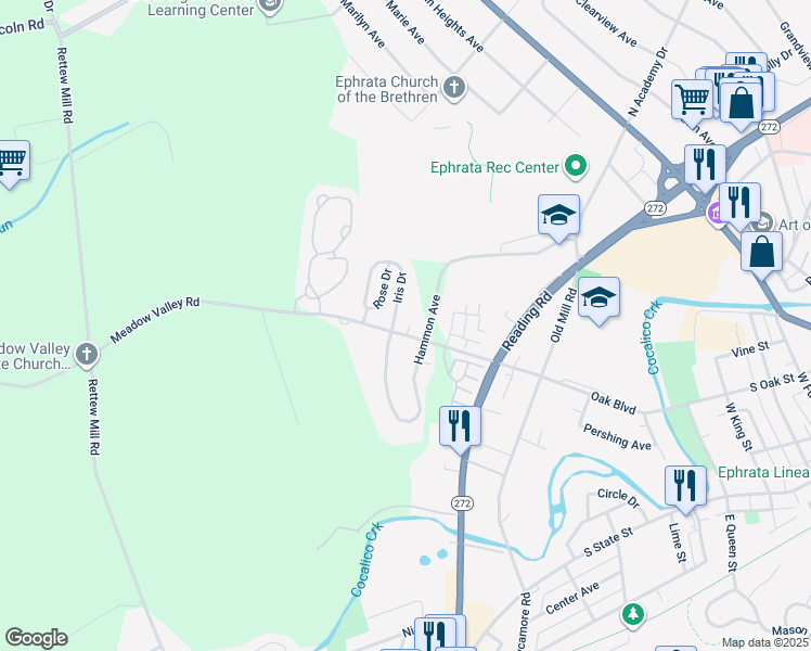 map of restaurants, bars, coffee shops, grocery stores, and more near 125 Meadow Valley Road in Ephrata