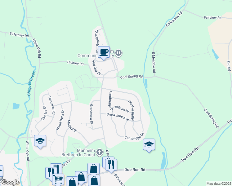 map of restaurants, bars, coffee shops, grocery stores, and more near 848 Cambridge Drive in Manheim