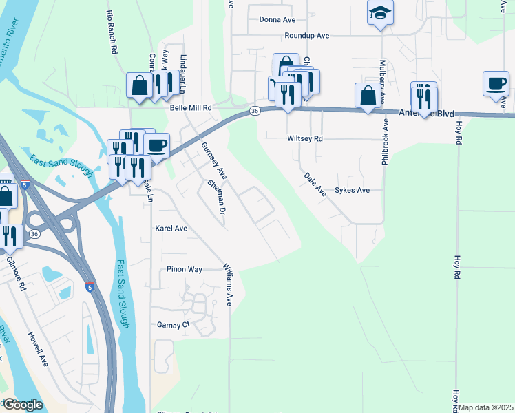 map of restaurants, bars, coffee shops, grocery stores, and more near 215 Gurnsey Dr in Red Bluff