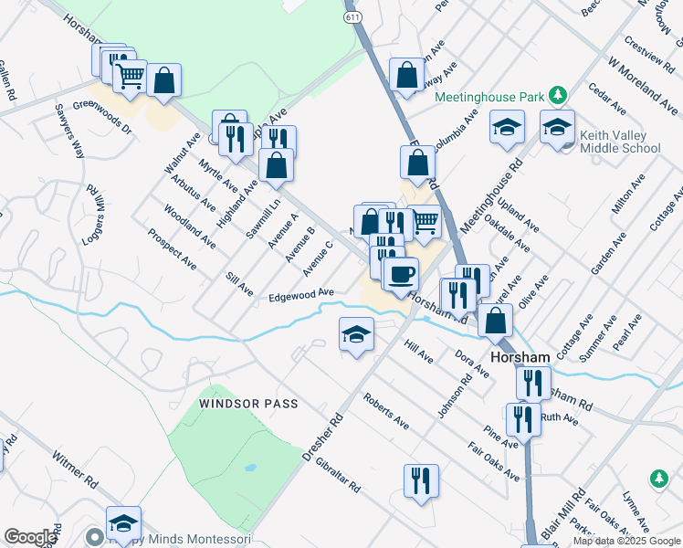 map of restaurants, bars, coffee shops, grocery stores, and more near 411 Avenue D in Horsham