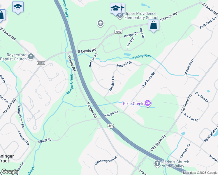 map of restaurants, bars, coffee shops, grocery stores, and more near 24 Cochise Lane in Royersford