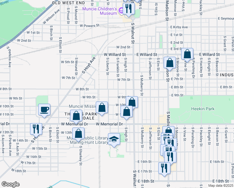 map of restaurants, bars, coffee shops, grocery stores, and more near 308 West 8th Street in Muncie