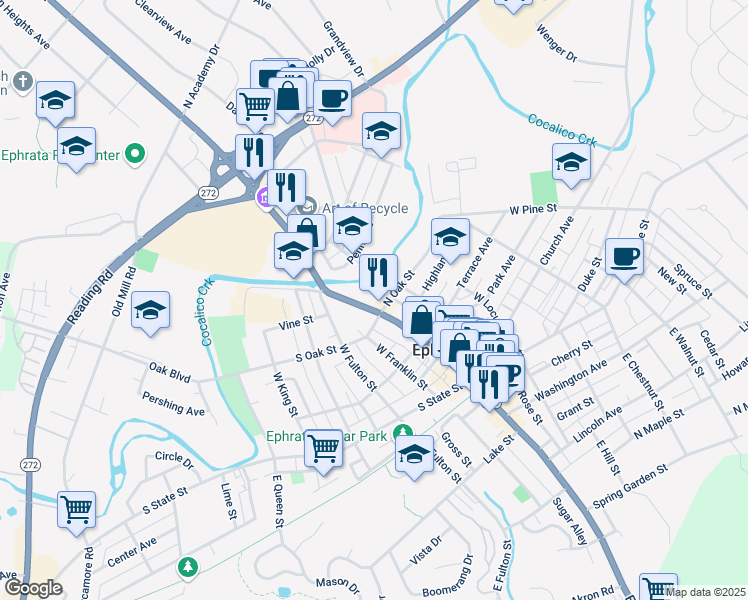 map of restaurants, bars, coffee shops, grocery stores, and more near 10 North Oak Street in Ephrata