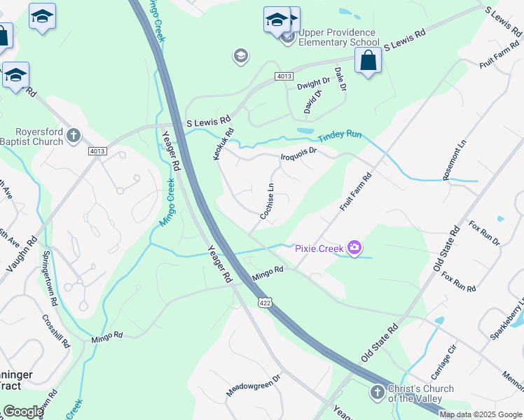 map of restaurants, bars, coffee shops, grocery stores, and more near 24 Cochise Lane in Royersford