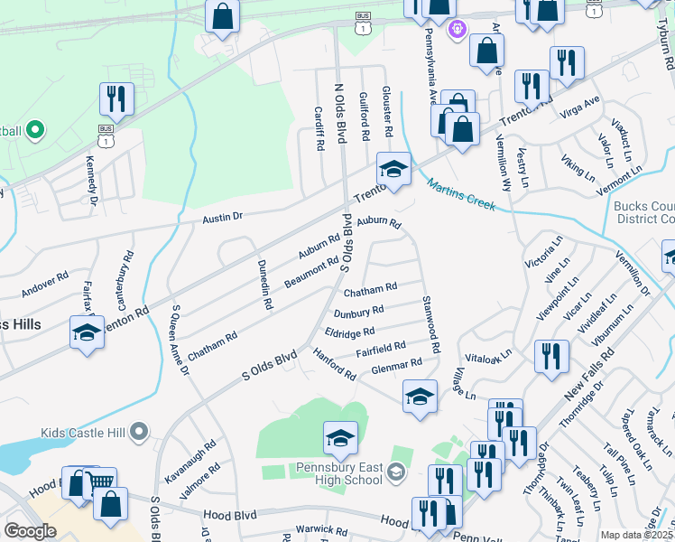 map of restaurants, bars, coffee shops, grocery stores, and more near 727 South Olds Boulevard in Fairless Hills