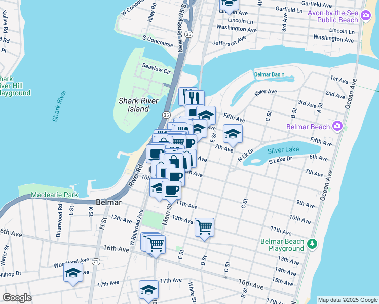 map of restaurants, bars, coffee shops, grocery stores, and more near 705 Main Street in Belmar