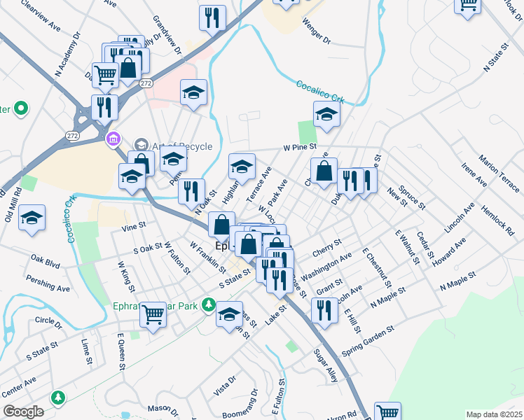 map of restaurants, bars, coffee shops, grocery stores, and more near 204 West Locust Street in Ephrata