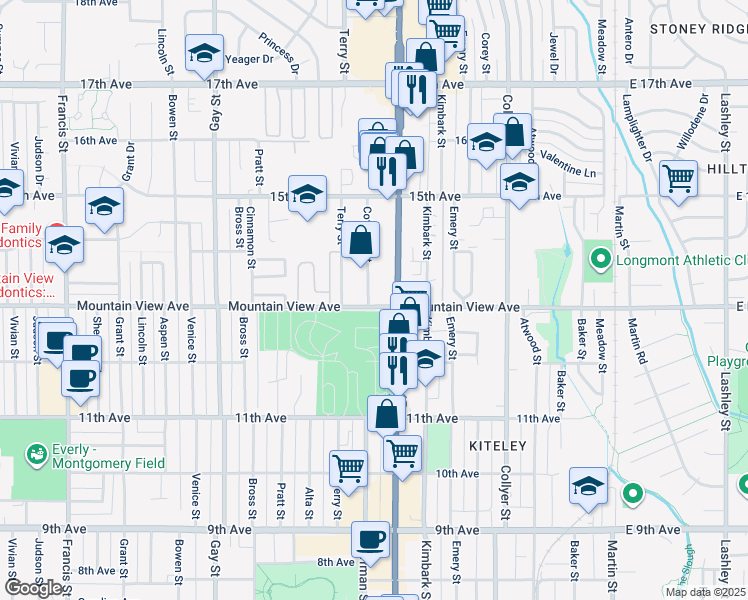 map of restaurants, bars, coffee shops, grocery stores, and more near 1320 Coffman Street in Longmont