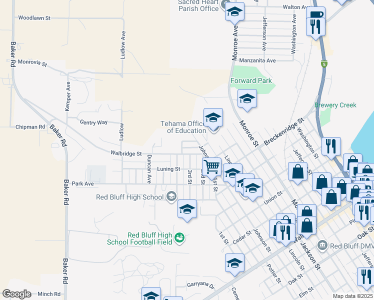 map of restaurants, bars, coffee shops, grocery stores, and more near 1417 Hill Street in Red Bluff