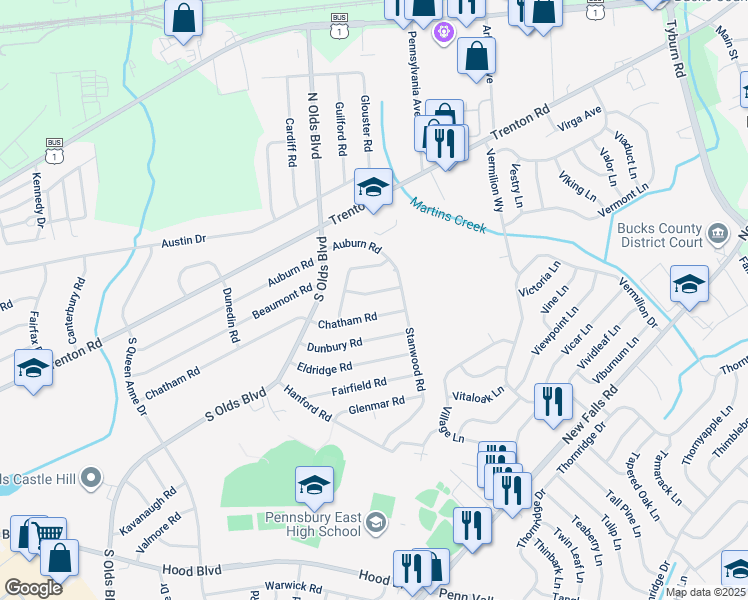 map of restaurants, bars, coffee shops, grocery stores, and more near 818 Chesterton Road in Fairless Hills