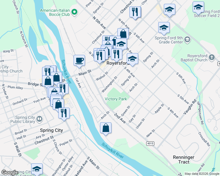 map of restaurants, bars, coffee shops, grocery stores, and more near 209 South 3rd Avenue in Royersford