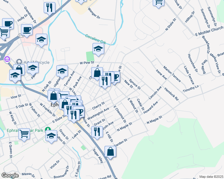 map of restaurants, bars, coffee shops, grocery stores, and more near 315 North State Street in Ephrata