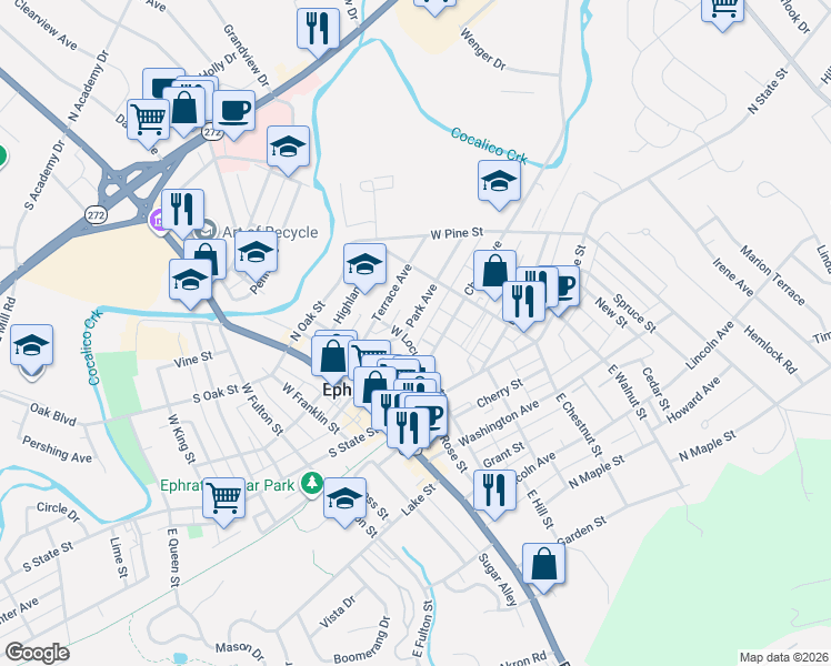 map of restaurants, bars, coffee shops, grocery stores, and more near 129 Park Avenue in Ephrata