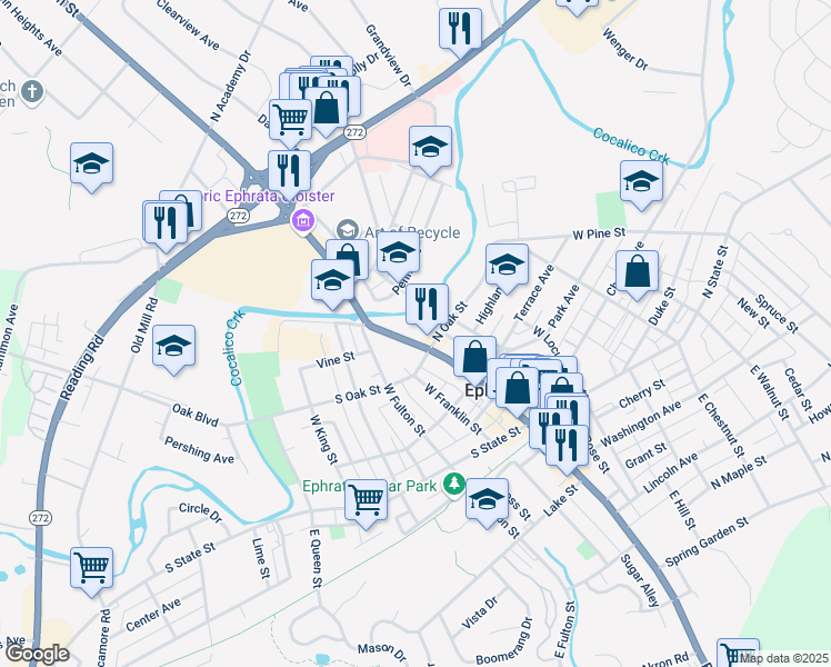 map of restaurants, bars, coffee shops, grocery stores, and more near 10 North Oak Street in Ephrata