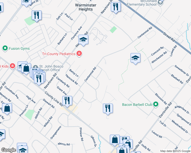 map of restaurants, bars, coffee shops, grocery stores, and more near 413 Revere Terrace in Warminster