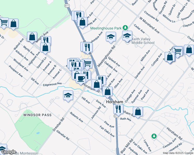 map of restaurants, bars, coffee shops, grocery stores, and more near 473 Easton Road in Horsham