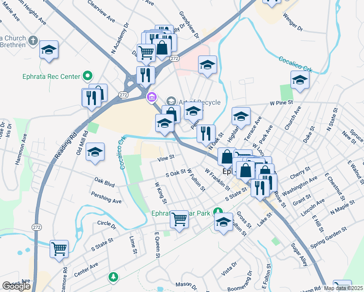 map of restaurants, bars, coffee shops, grocery stores, and more near 360 West Main Street in Ephrata