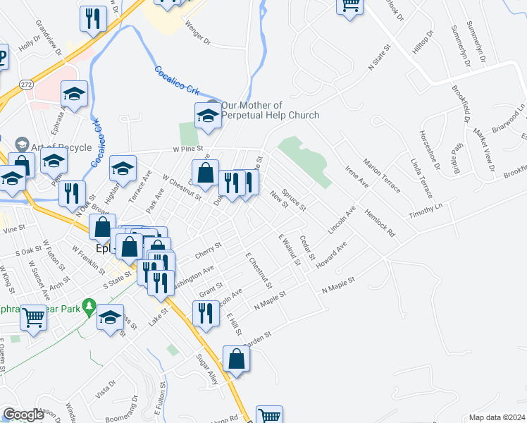 map of restaurants, bars, coffee shops, grocery stores, and more near 32 East Walnut Street in Ephrata