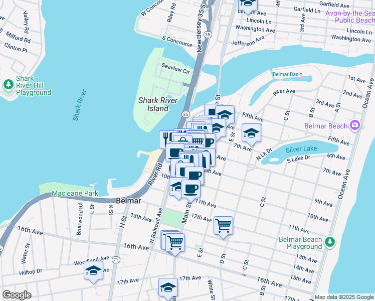 map of restaurants, bars, coffee shops, grocery stores, and more near 710 8th Avenue in Belmar
