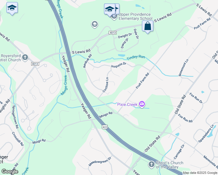 map of restaurants, bars, coffee shops, grocery stores, and more near 19 Cochise Lane in Royersford