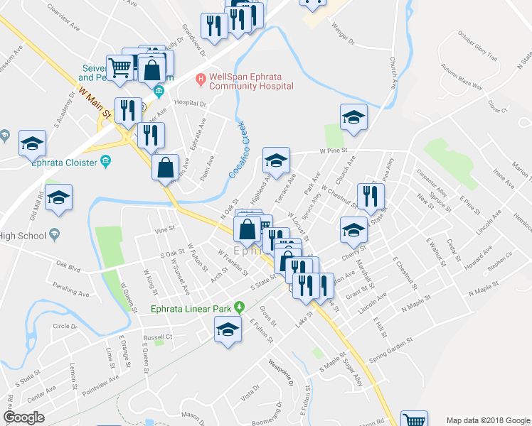 map of restaurants, bars, coffee shops, grocery stores, and more near 52 Terrace Avenue in Ephrata