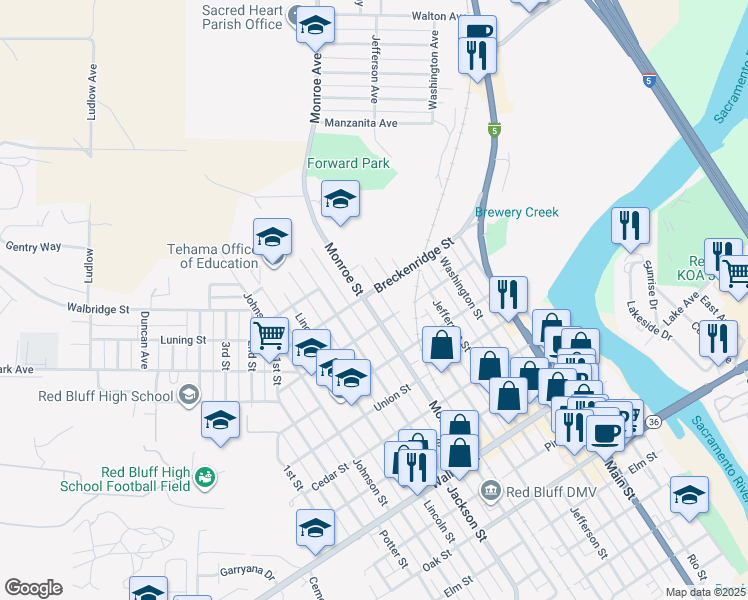 map of restaurants, bars, coffee shops, grocery stores, and more near 1438 Madison Street in Red Bluff