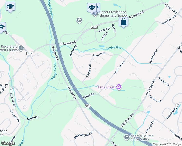 map of restaurants, bars, coffee shops, grocery stores, and more near 19 Cochise Lane in Royersford