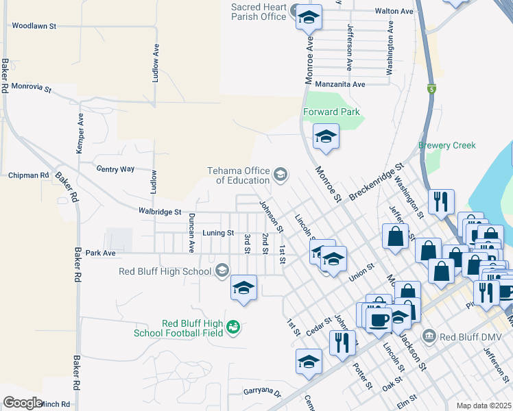 map of restaurants, bars, coffee shops, grocery stores, and more near 1333 Sunnyside Way in Red Bluff