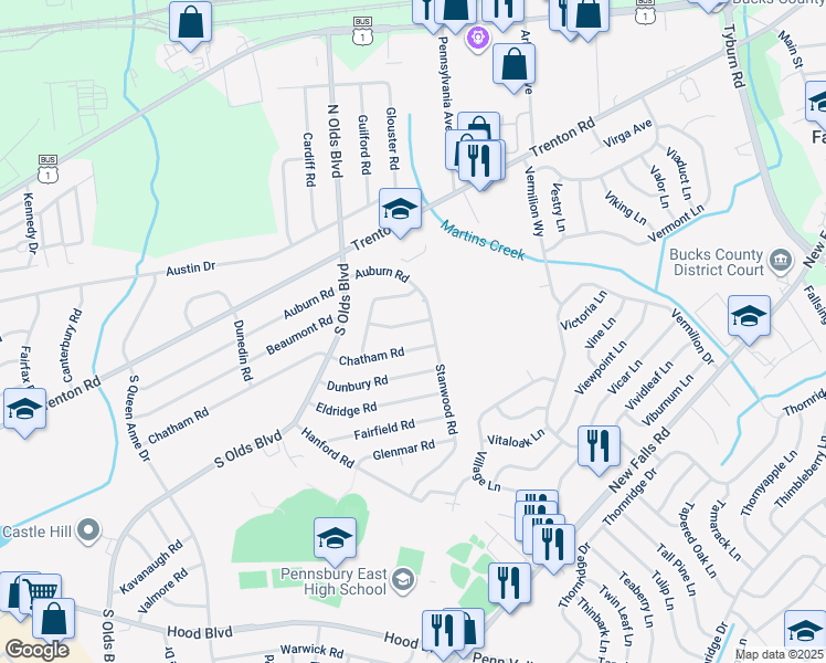 map of restaurants, bars, coffee shops, grocery stores, and more near 822 Chesterton Road in Fairless Hills